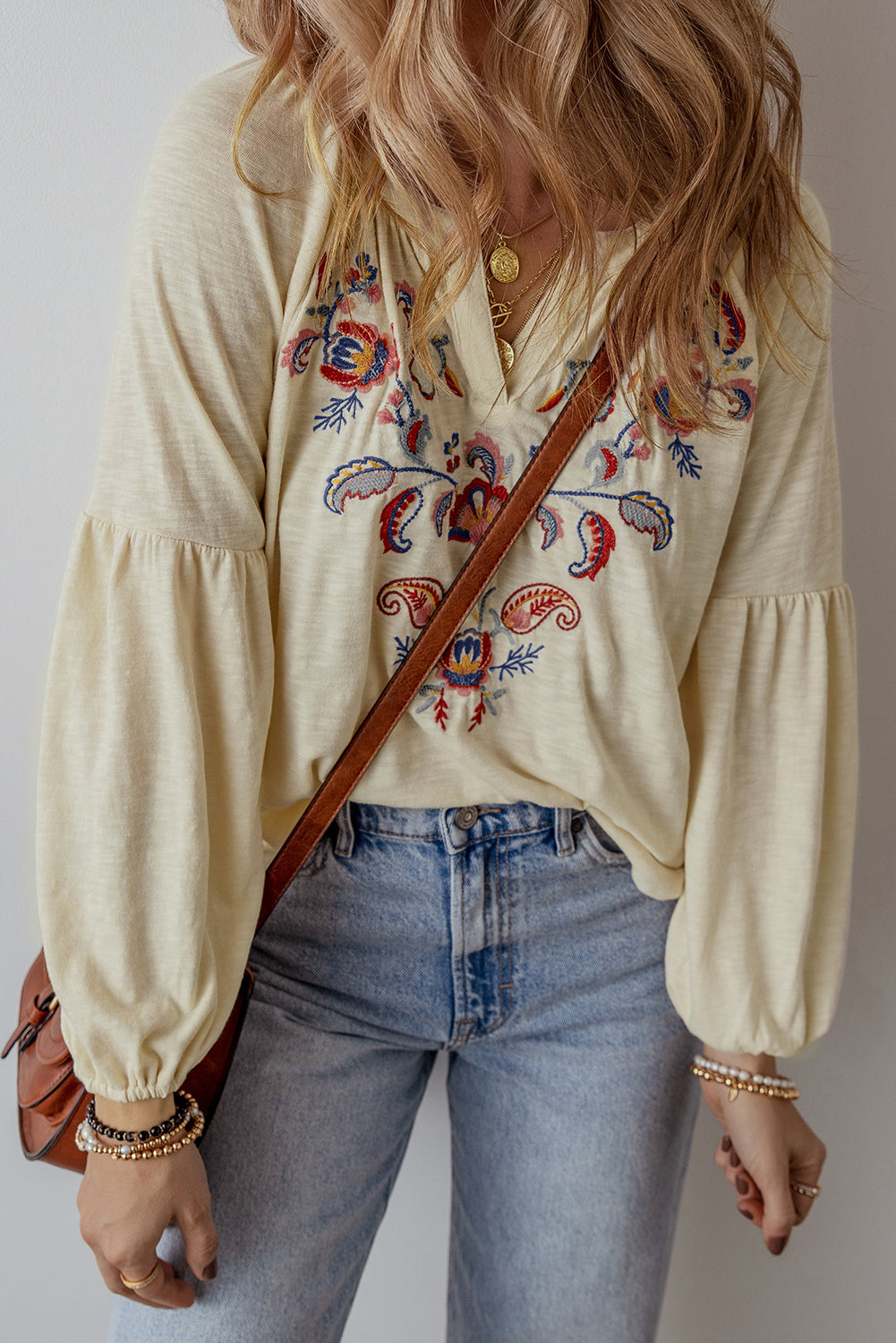 Apricot Paisley Floral Embroidered Notch V Neck Blouse-Chaelisa's New Jammies