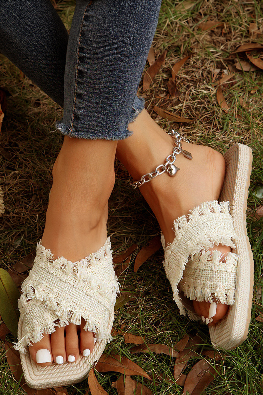 Beige Tassel Woven Crossed Straps Flat Slippers-Chaelisa's New Jammies