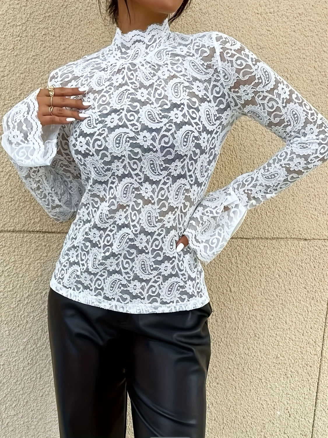 Mock Neck Long Sleeve Lace Top-Chaelisa's New Jammies
