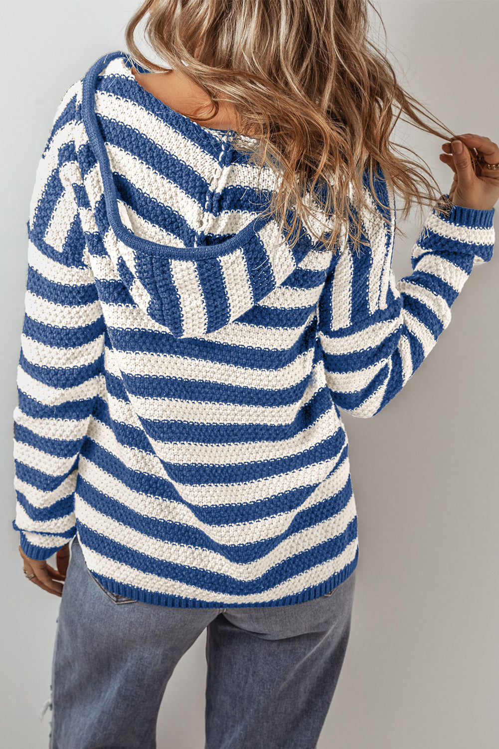 Blue Stripe V Neck Pocketed Drawstring Hooded Sweater-Chaelisa's New Jammies