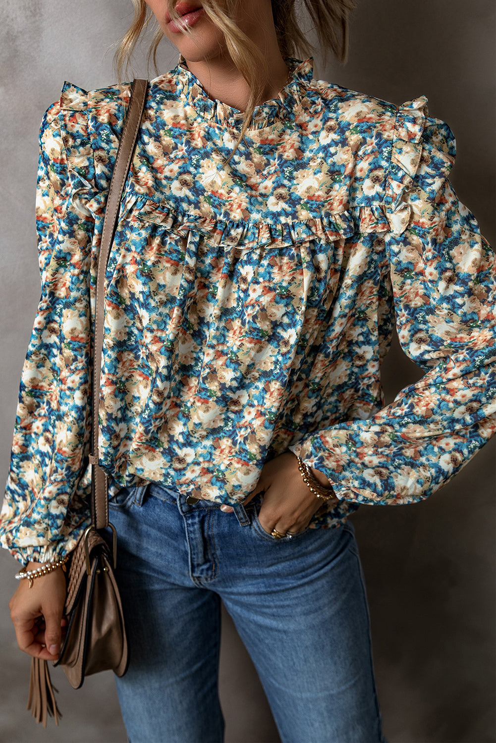 Sky Blue Floral Print Frilled Mock Neck Puff Sleeve Blouse-Chaelisa's New Jammies