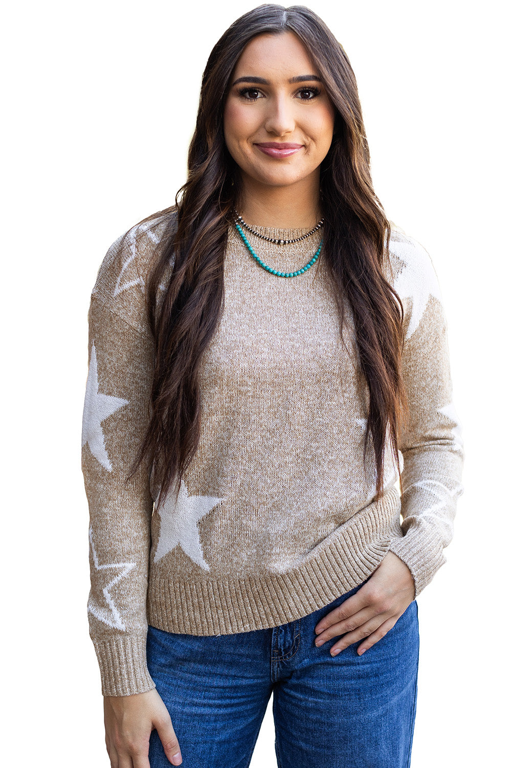 Khaki Star Pattern Drop Shoulder Sweater-Chaelisa's New Jammies