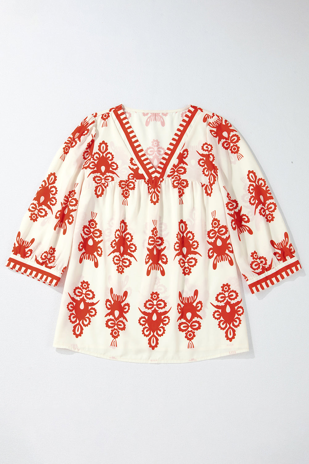 Orange Vintage Geometric Printed 3/4 Sleeve V Neck Blouse-Chaelisa's New Jammies