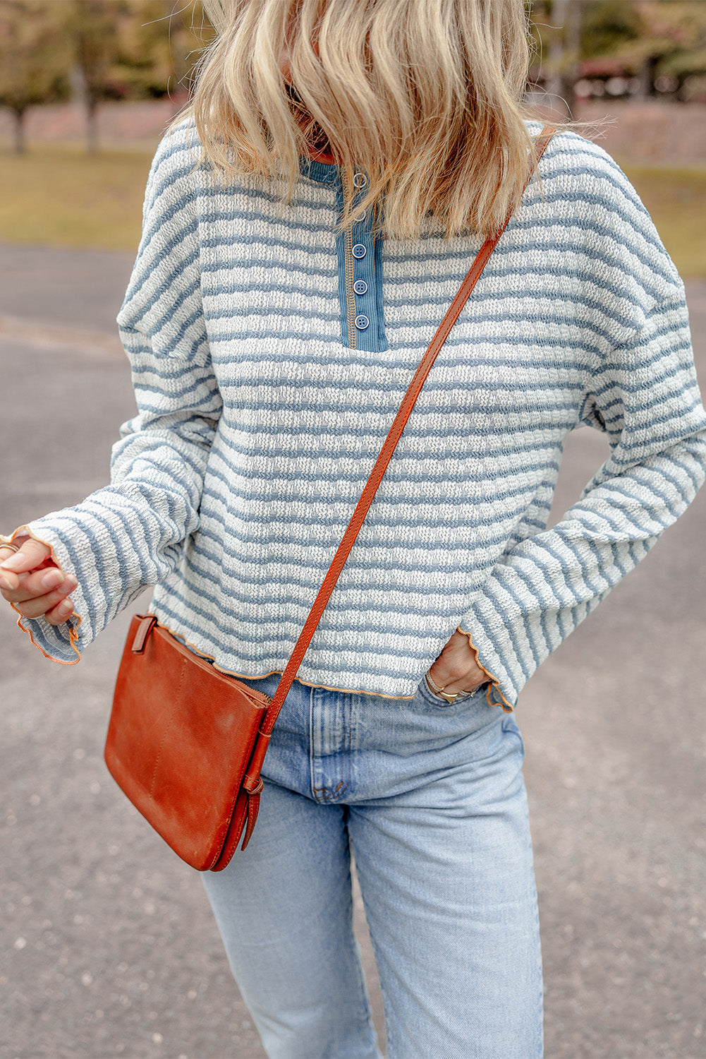 Sky Blue Stripe Textured Frilly Trim Buttons Henley Long Sleeve Top-Chaelisa's New Jammies