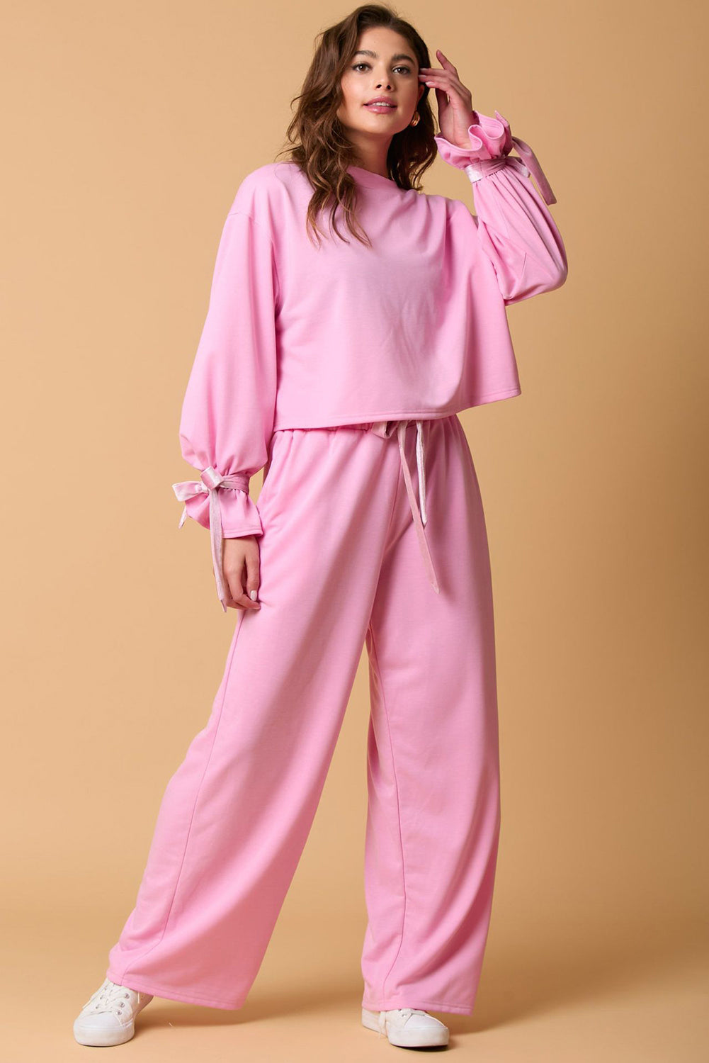 Bonbon Solid Color Drawstring Long Sleeve Top and Pants Set-Chaelisa's New Jammies