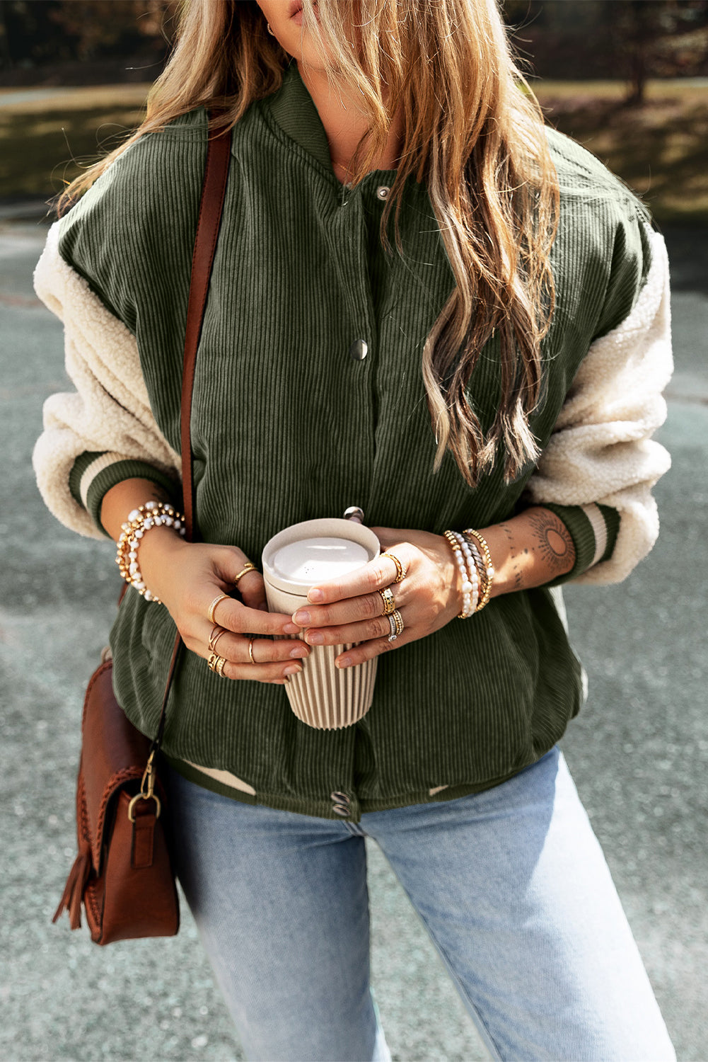 Mist Green Corduroy Fleece Patchwork Buttoned Bomber Jacket-Chaelisa's New Jammies