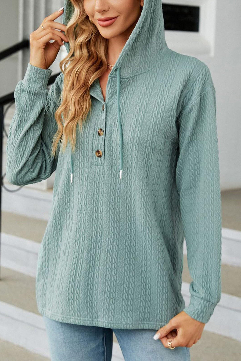 Mint Green Button Front Textured Drawstring Hooded Long Sleeve Top-Chaelisa's New Jammies