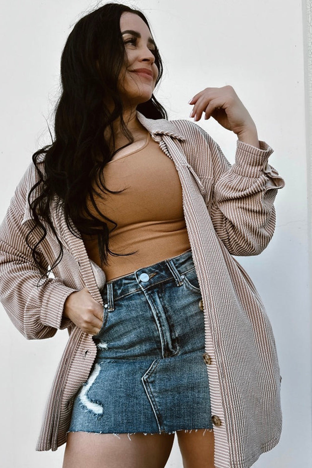 Smoke Gray Solid Corded Drop Shoulder Plus Size Shacket-Chaelisa's New Jammies