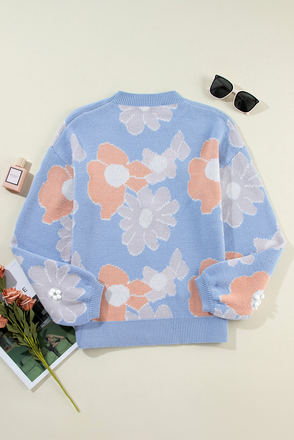 Beau Blue Floral O Neck Drop Shoulder Knitted Sweater-Chaelisa's New Jammies