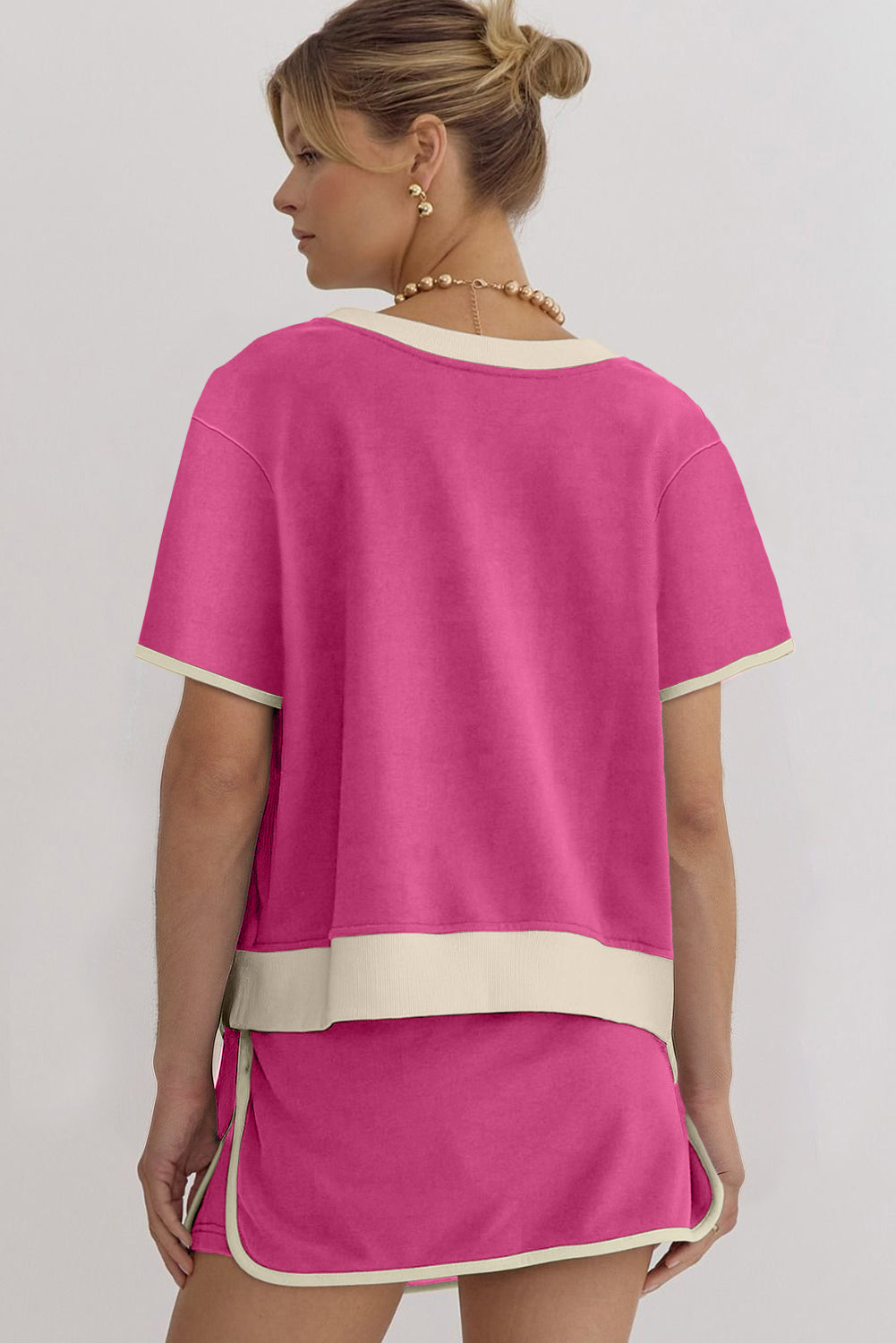 Rose Red Colorblock Edge Drop Shoulder T Shirt and Skort 2Pcs Set