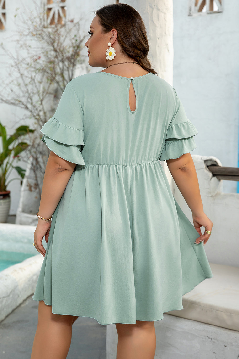 Grass Green Ruffle Trim Short Sleeve Plus Size Flared Mini Dress-Chaelisa's New Jammies