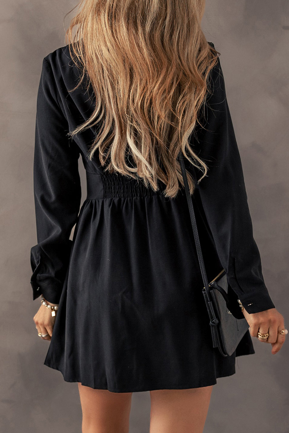 Black Elastic Cinched High Waist Long Sleeve Shirt Mini Dress-Chaelisa's New Jammies