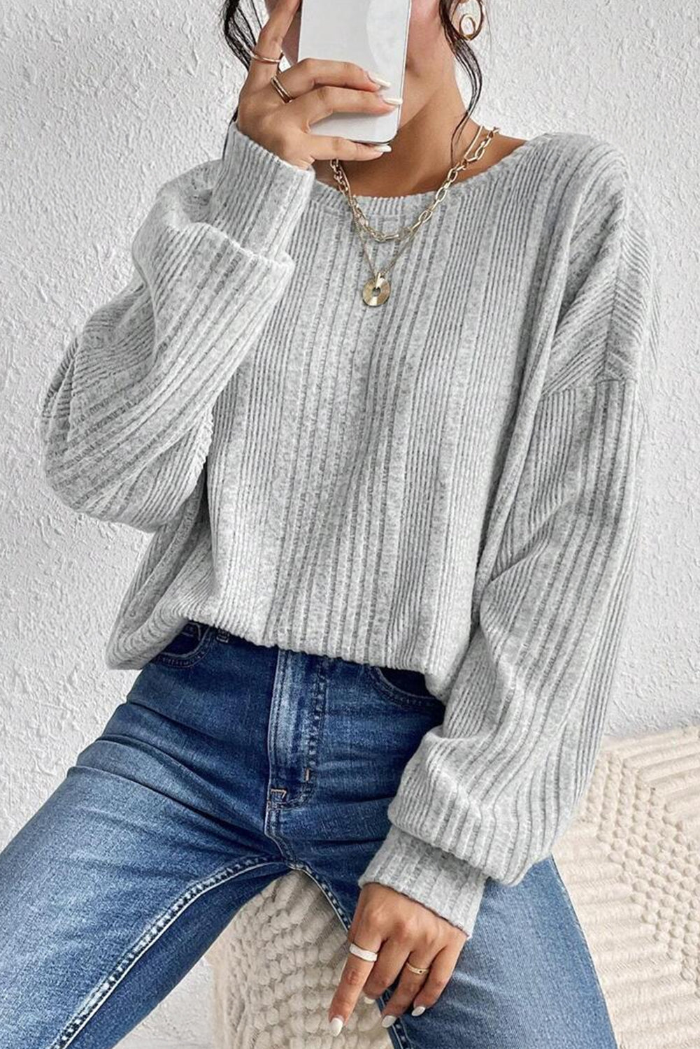 Light Grey Textured Crossover Backless Knit Long Sleeve Top-Chaelisa's New Jammies