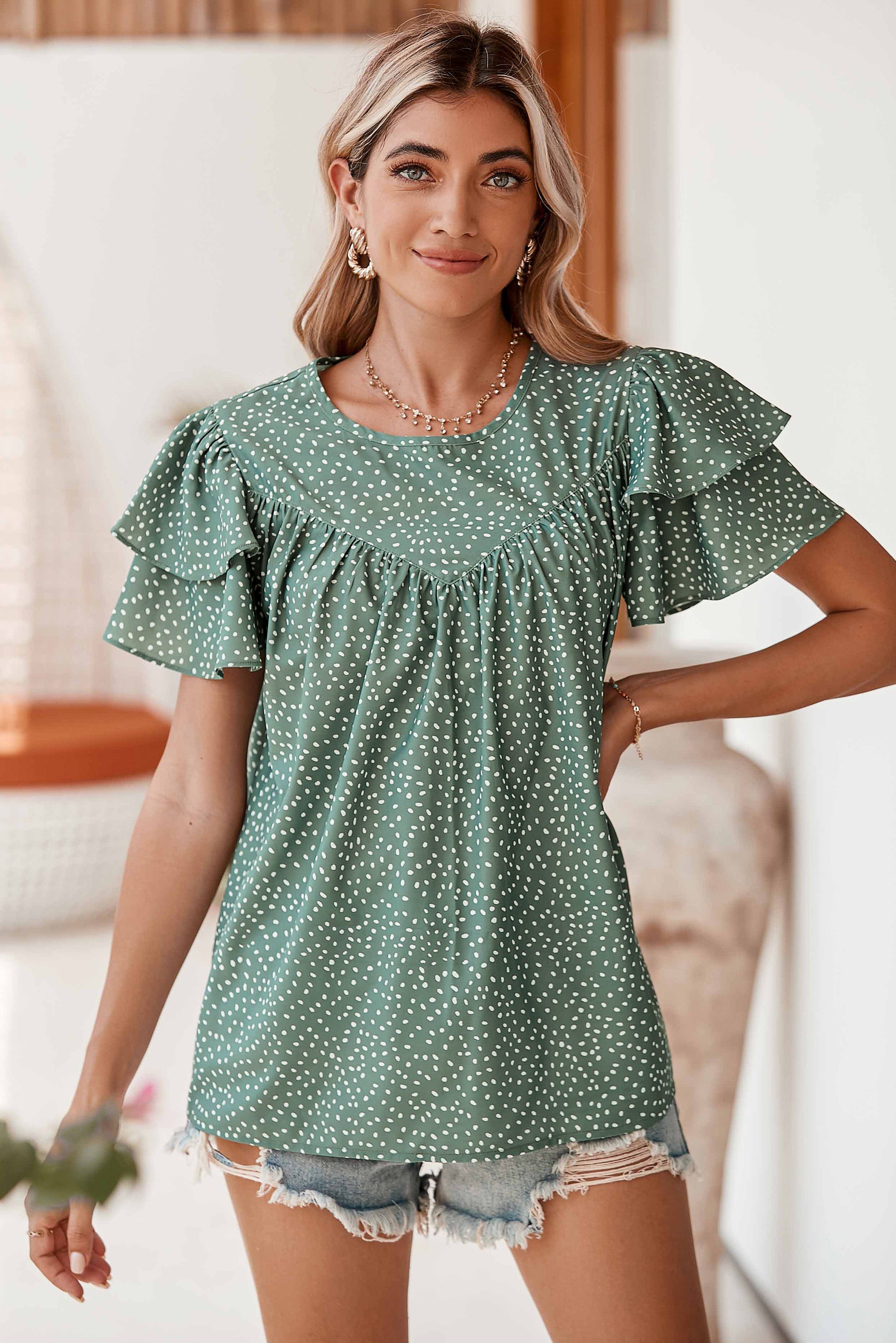 Laurel Green Spotted Print Pleated Ruffle Sleeve Blouse-Chaelisa's New Jammies