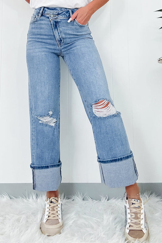 Dusk Blue High Rise Asymmetric Button Zip Fly Ripped Jeans-Chaelisa's New Jammies