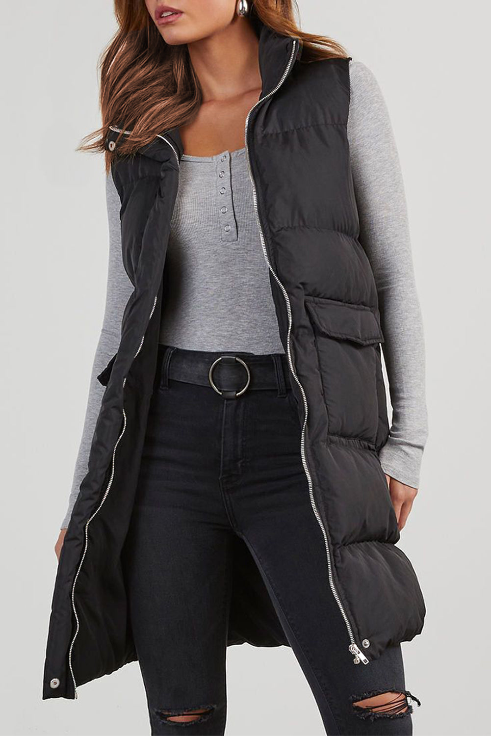 Black Windproof Longline Full Zipper Puffer Vest with Pockets-Chaelisa's New Jammies