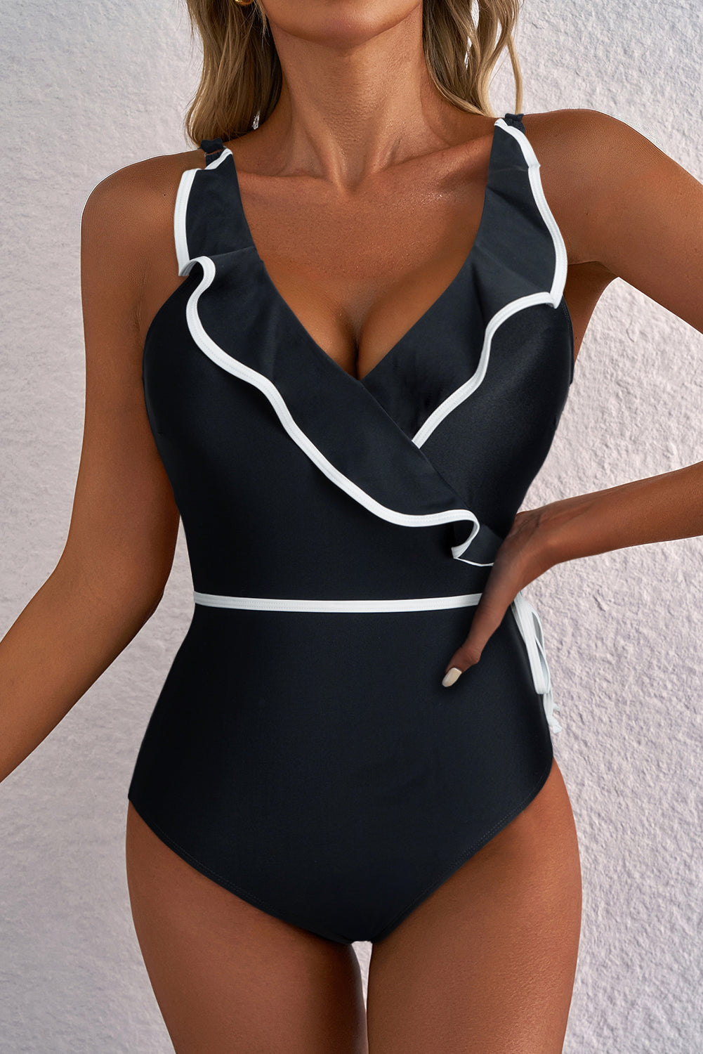 Black Color Contrast Ruffled Wrap V Neck Swimsuit-Chaelisa's New Jammies