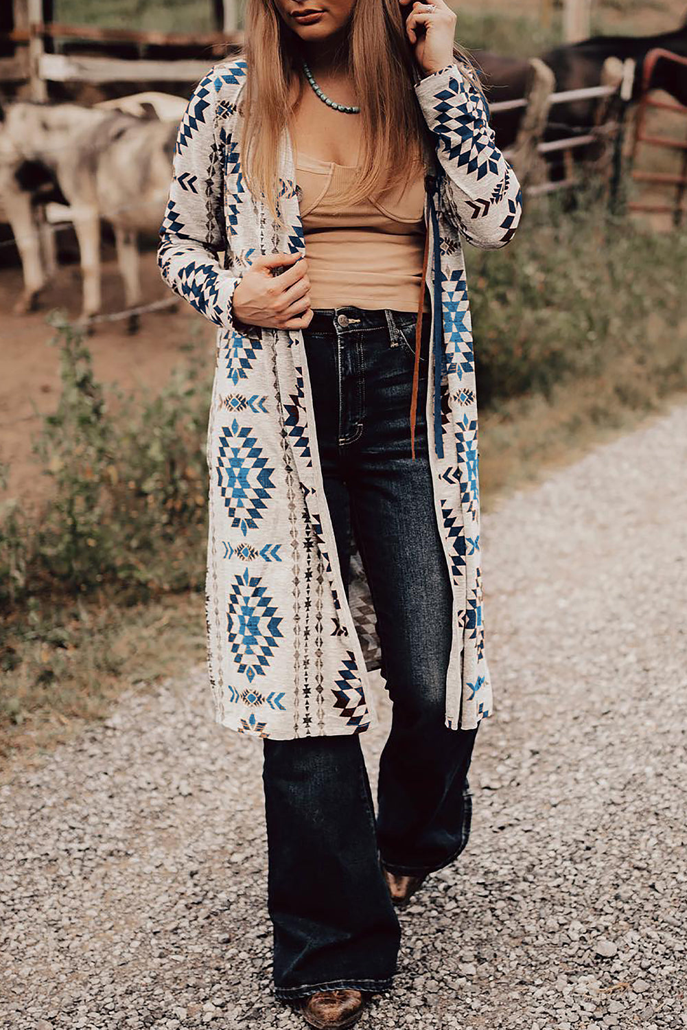 Sky Blue Western Aztec Printed Open Front Long Cardigan-Chaelisa's New Jammies