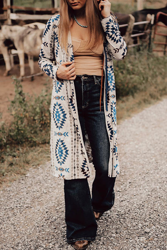 Sky Blue Western Aztec Printed Open Front Long Cardigan-Chaelisa's New Jammies