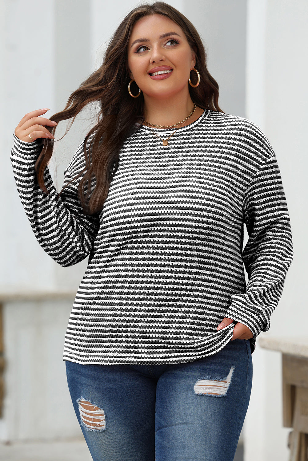 Black Stripe Round Neck Drop Shoulder Long Sleeve Top-Chaelisa's New Jammies