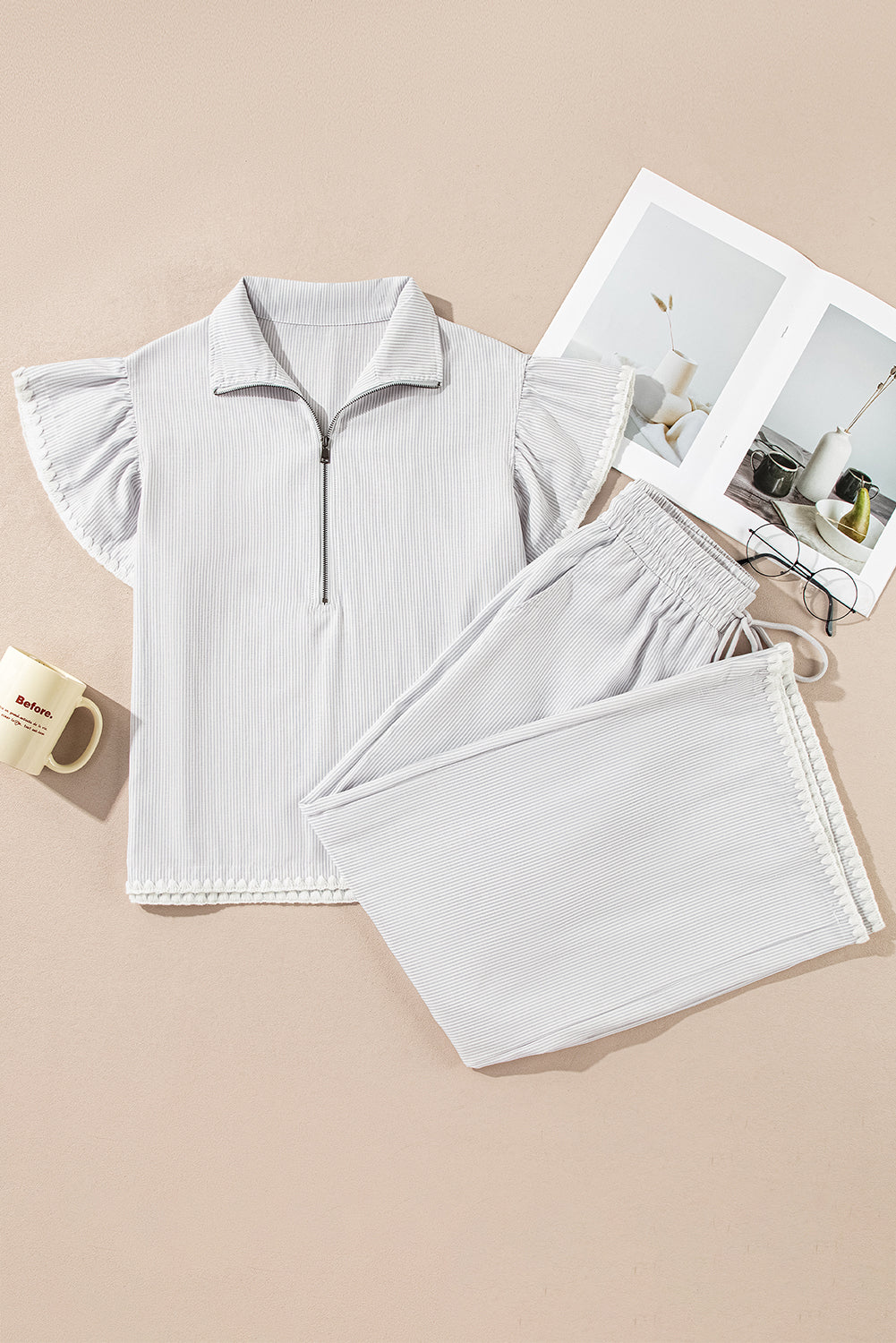 Gray Stripe Zipped up Collar Ruffled Sleeve Tee and Wide Leg Pants 2pcs Outfit-Chaelisa's New Jammies
