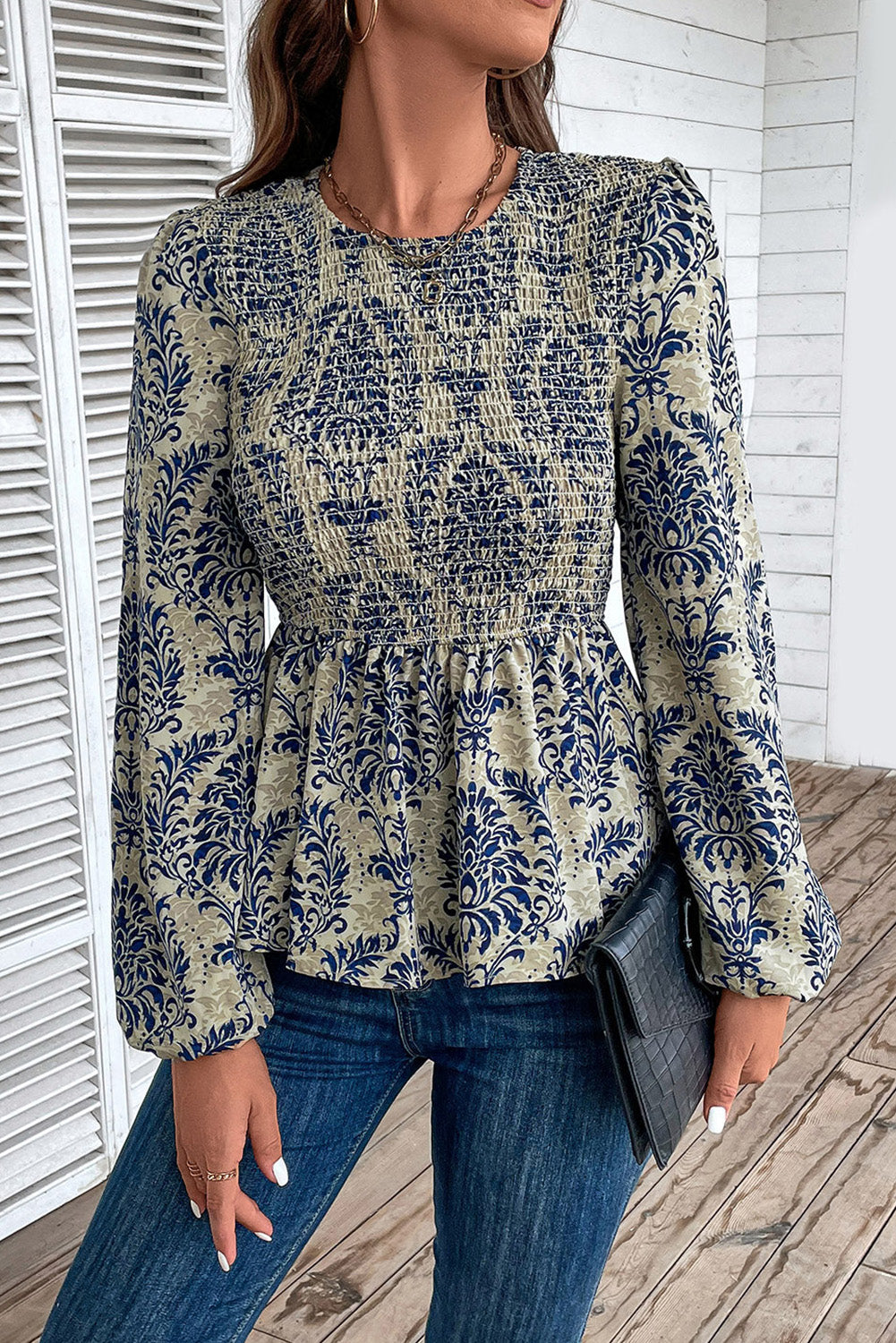 Sky Blue Boho Printed Balloon Sleeve Smocked Peplum Blouse-Chaelisa's New Jammies