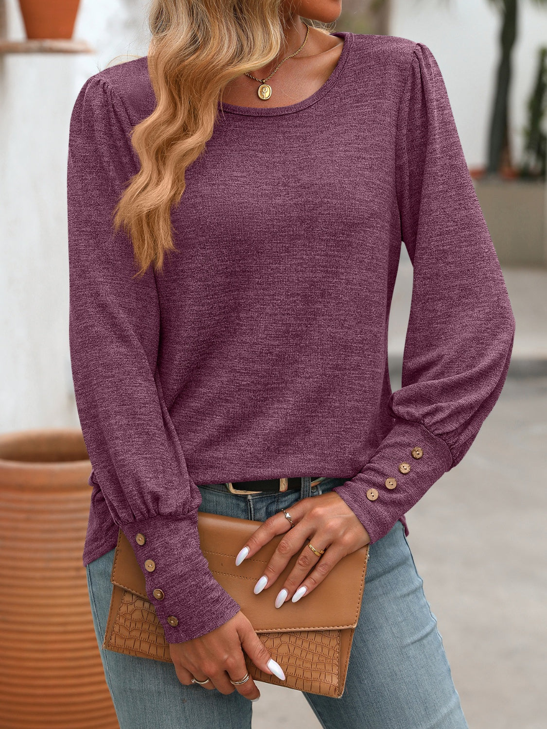 Decorative Button Round Neck Long Sleeve T-Shirt-Chaelisa's New Jammies