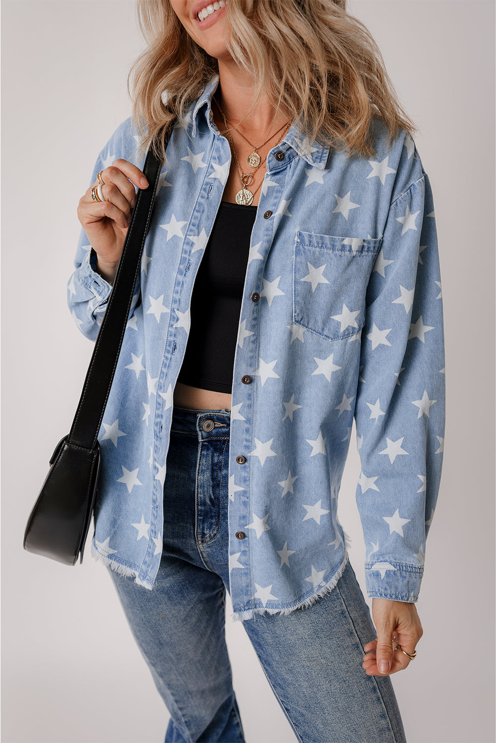 Sky Blue Star Print Light Wash Raw Hem Denim Jacket-Chaelisa's New Jammies