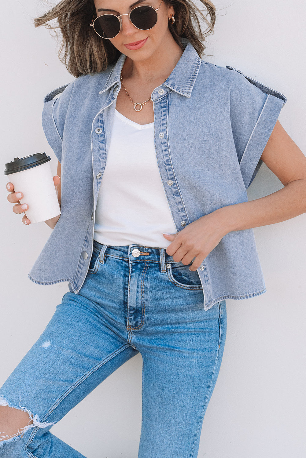 Dusk Blue Denim Pinup Folded Cap Sleeve Shirt-Chaelisa's New Jammies