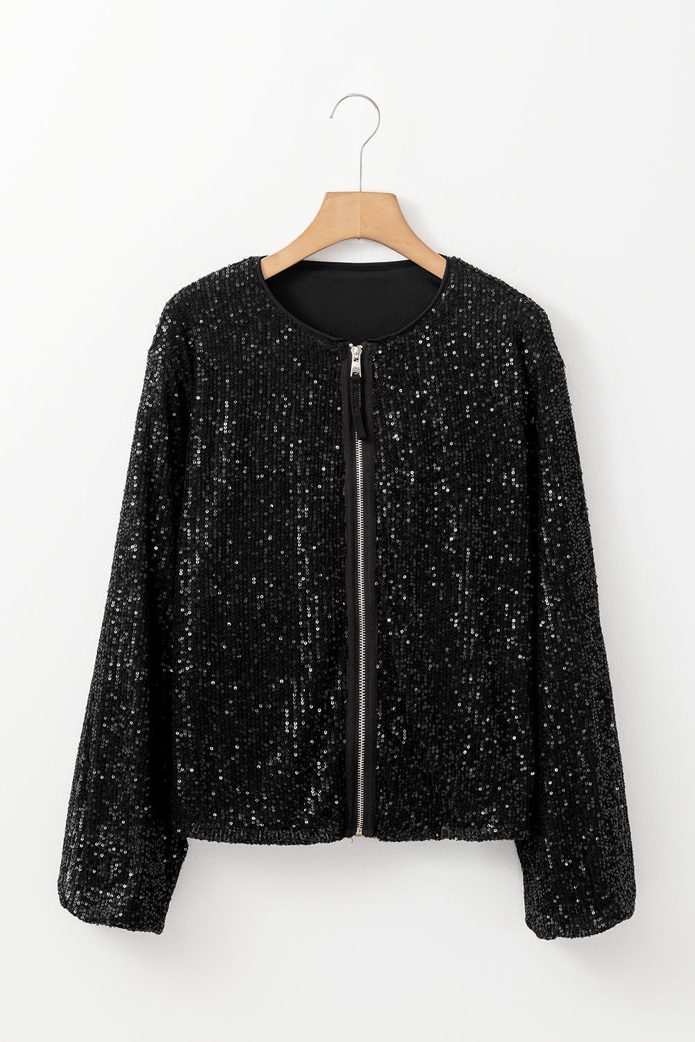 Black Sequin Zip up Round Neck Long Sleeve Jacket-Chaelisa's New Jammies