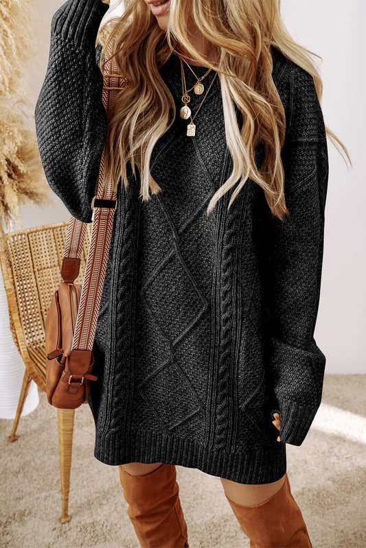 Black Cable Knit Drop Shoulder Loose Fit Sweater Dress-Chaelisa's New Jammies