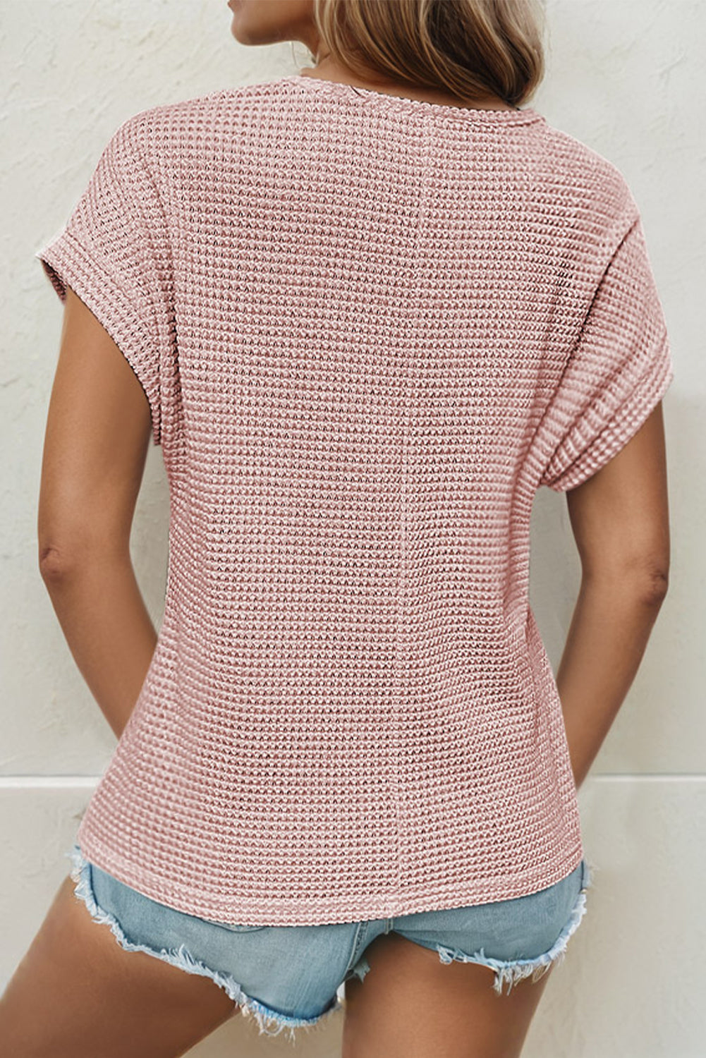 Light Pink Lace Patchwork Waffle Short Sleeve Top-Chaelisa's New Jammies