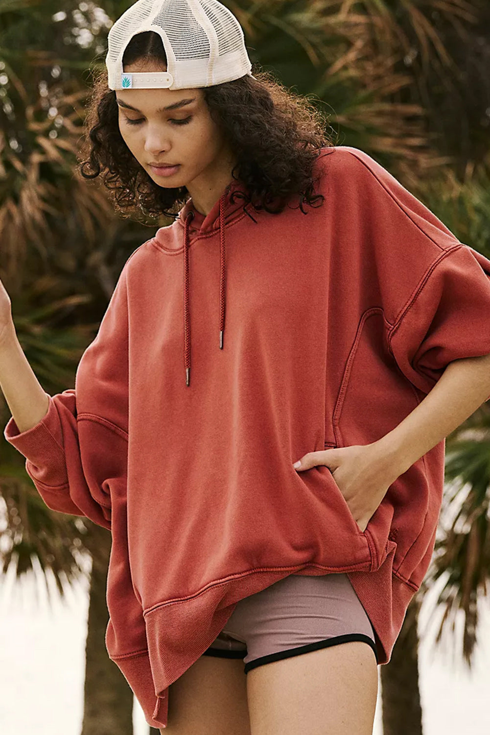 Red Clay Drop Shoulder Pocketed Baggy Drawstring Hoodie-Chaelisa's New Jammies