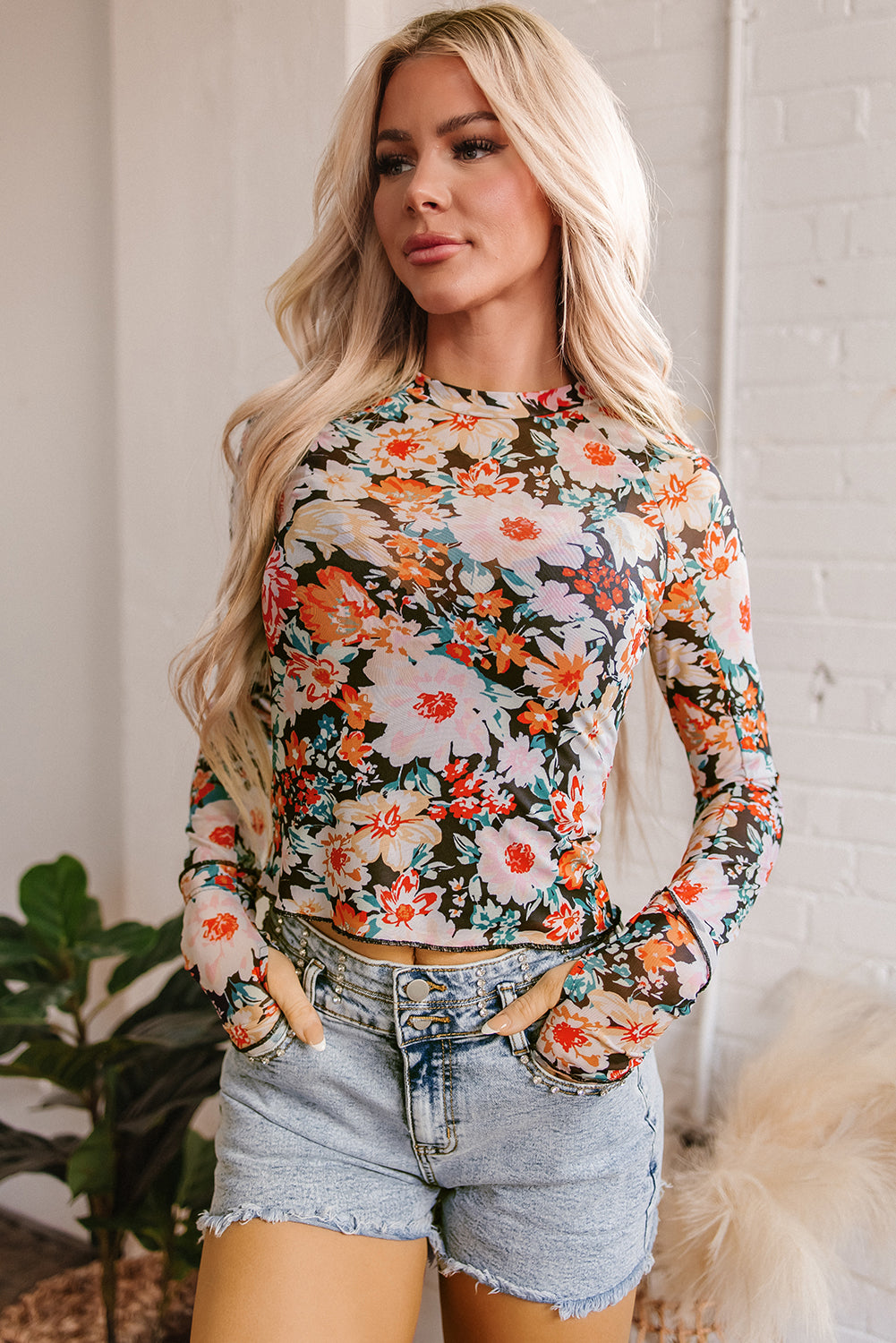 Orange Floral Mesh Slim Long Sleeve Crop Top-Chaelisa's New Jammies