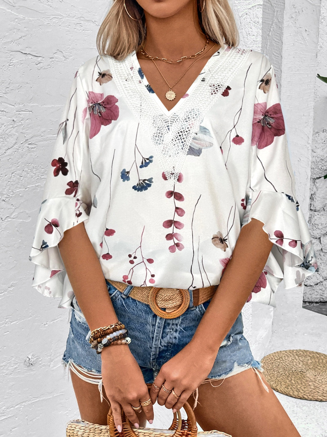 Ruffled Printed V-Neck Half Sleeve Blouse-Chaelisa's New Jammies