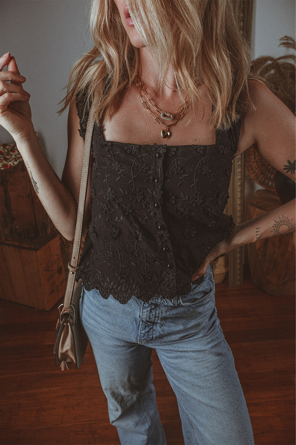 Black Floral Embroidered Buttoned Square Neck Tank Top-Chaelisa's New Jammies
