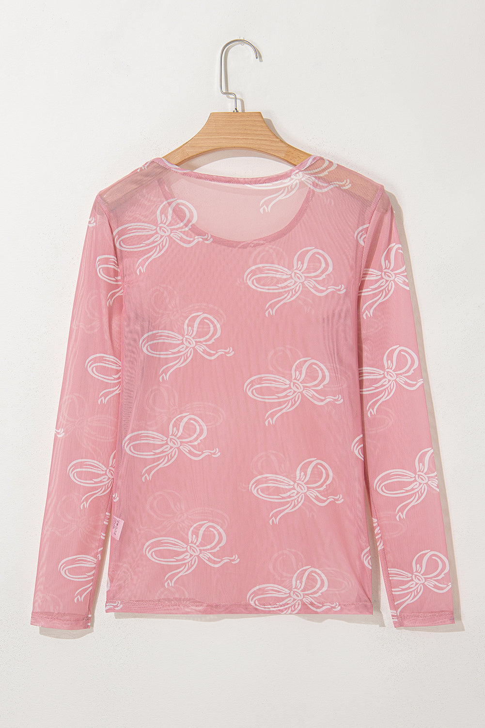 Pink Round Neck Bow Print Long Sleeve Mesh Top-Chaelisa's New Jammies