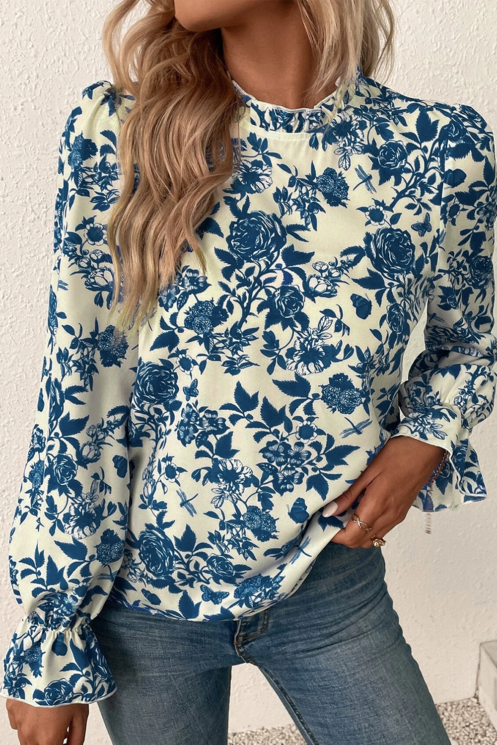 Sky Blue Floral Print Flounce Sleeve Keyhole Back Blouse-Chaelisa's New Jammies
