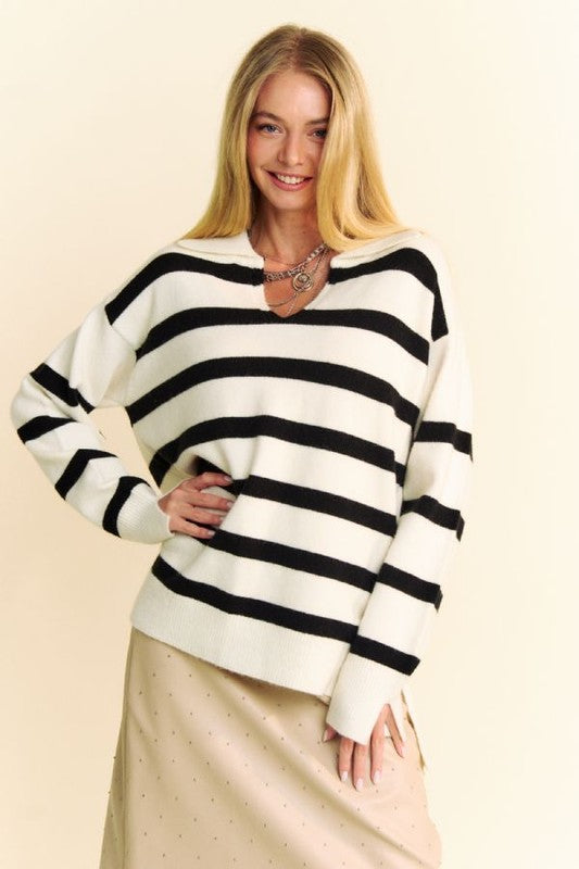Davi & Dani High-Low Side Slit Striped Johnny Collar Sweater-Chaelisa's New Jammies