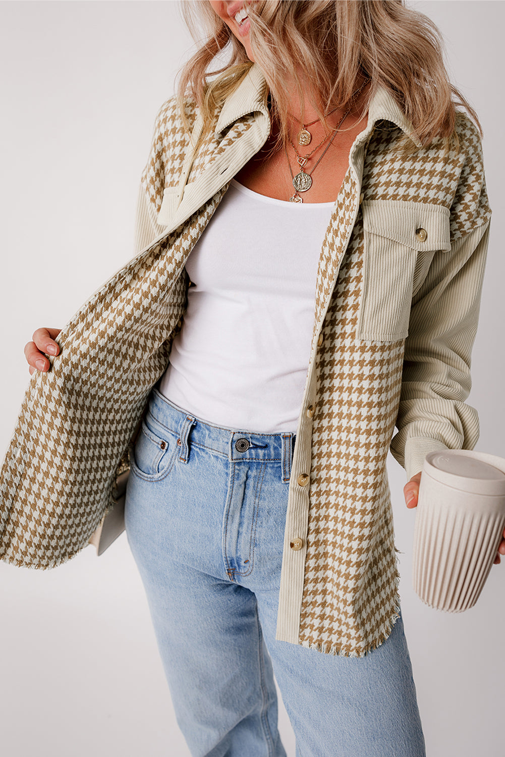 Parchment Houndstooth Corduroy Patchwork Flap Pocket Shacket-Chaelisa's New Jammies
