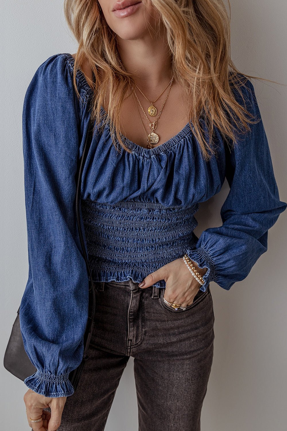 Dark Blue Smocked Ruffled Puff Sleeve V Neck Denim Blouse - Chaelisa's New Jammies