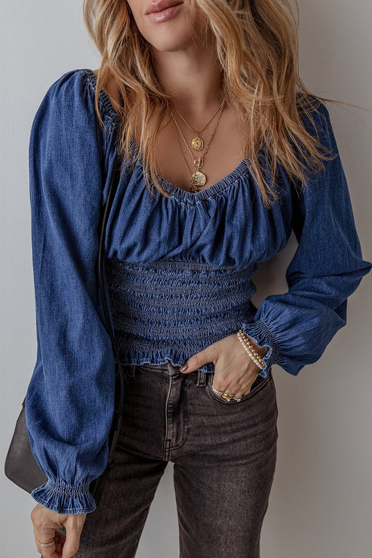 Dark Blue Smocked Ruffled Puff Sleeve V Neck Denim Blouse - Chaelisa's New Jammies