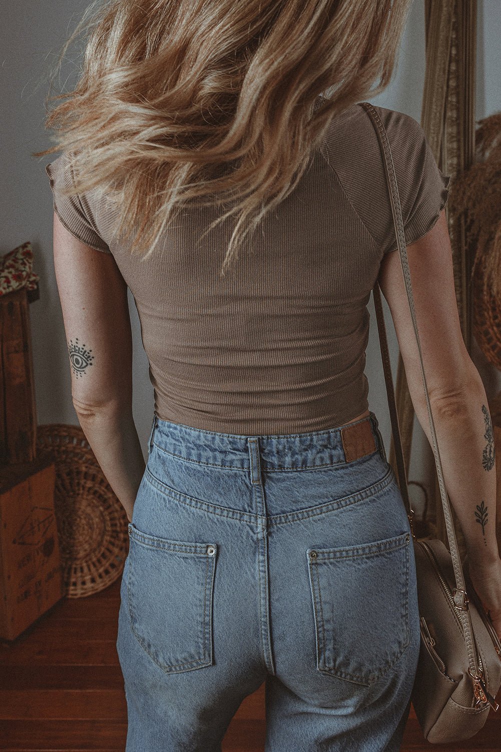 Dark Brown Lace Splicing Criss Cross Slim Fit V Neck T Shirt - Chaelisa's New Jammies