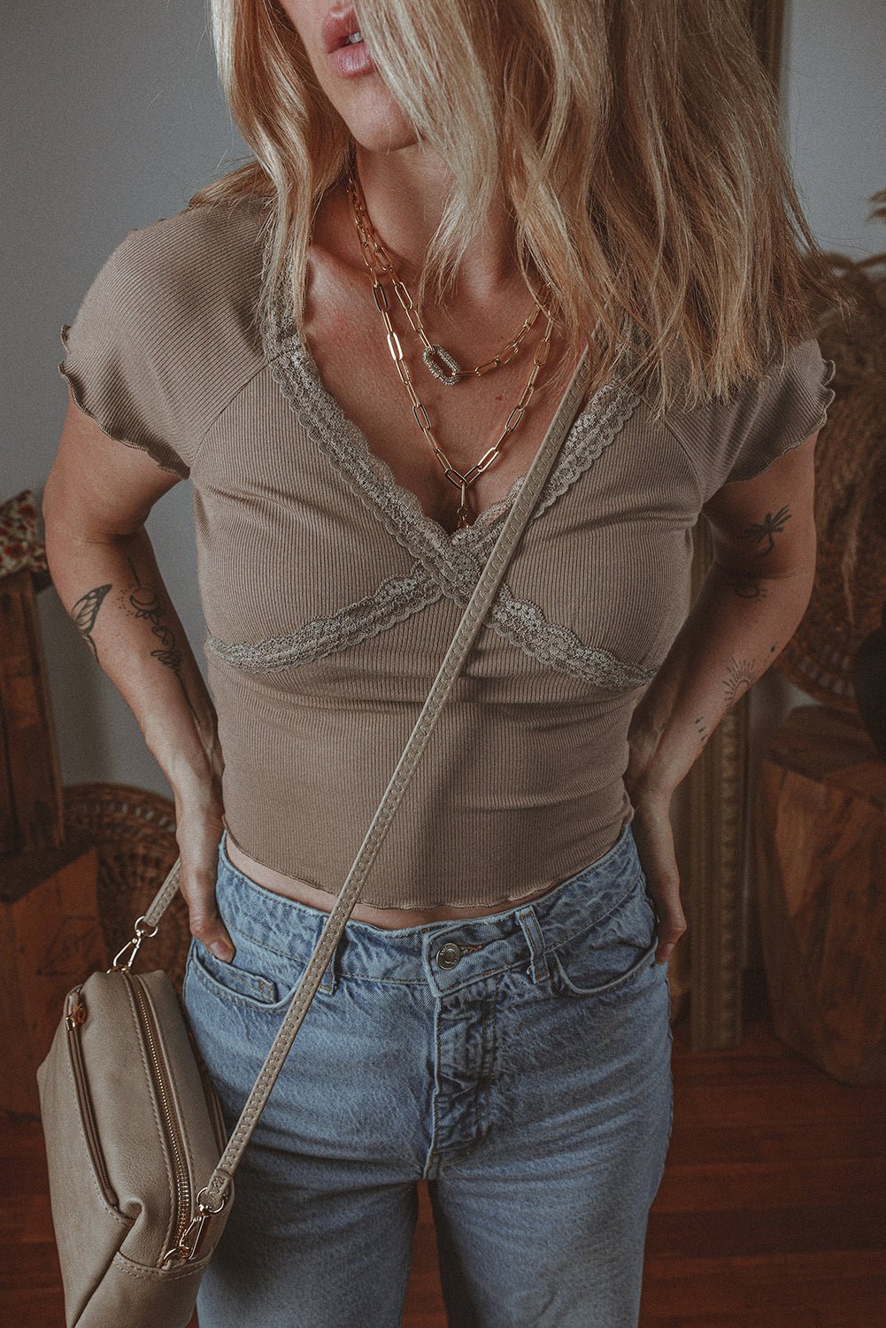Dark Brown Lace Splicing Criss Cross Slim Fit V Neck T Shirt - Chaelisa's New Jammies