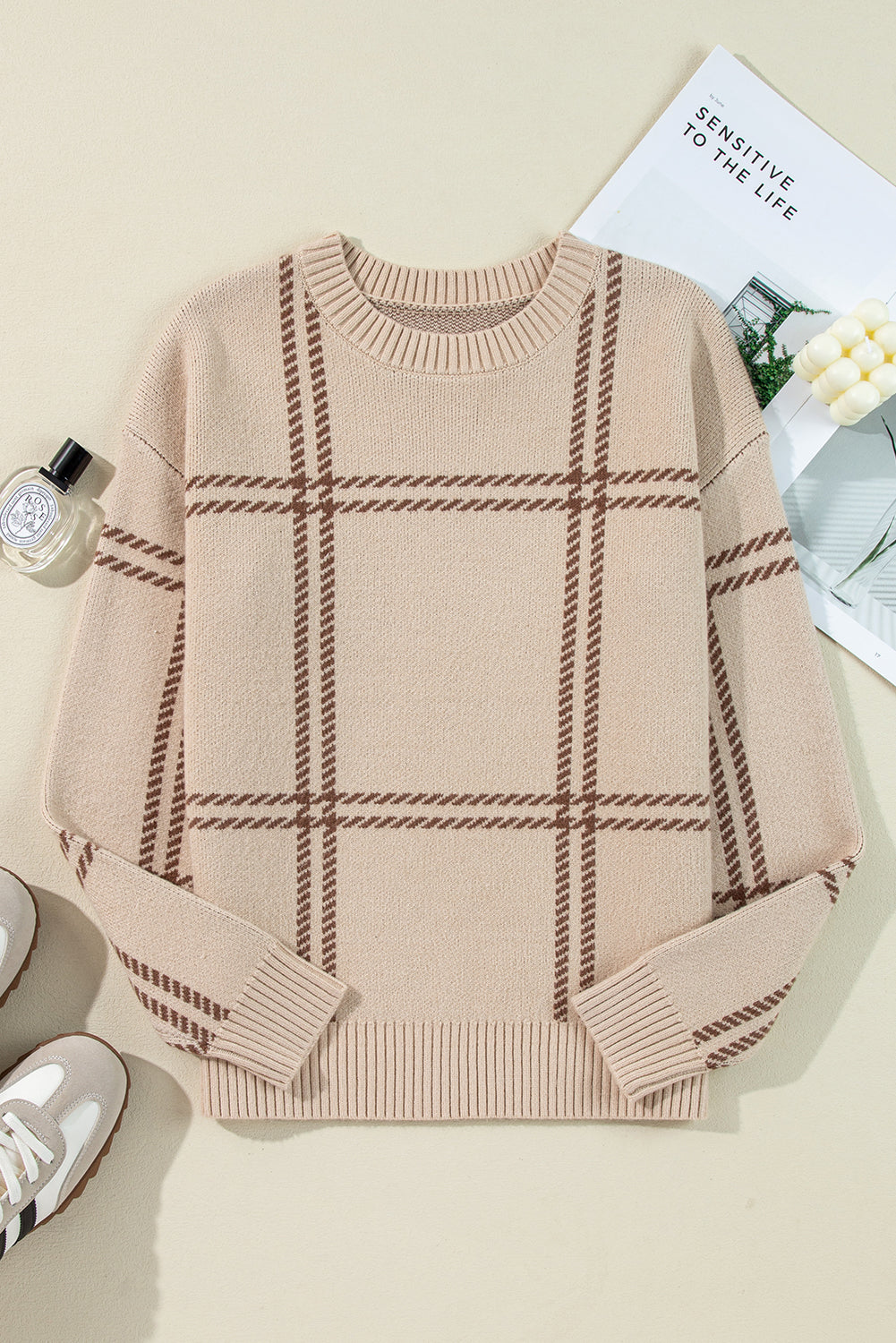 Khaki Plaid Pattern Knitted Drop Shoulder Sweater-Chaelisa's New Jammies