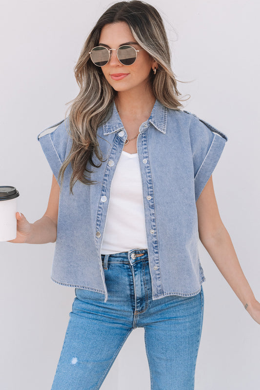 Dusk Blue Denim Pinup Folded Cap Sleeve Shirt-Chaelisa's New Jammies