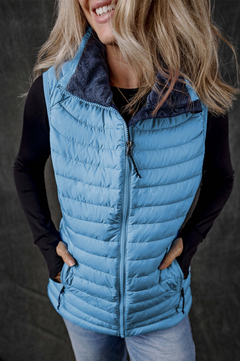 Sky Blue Plush Collared Quilted Zipped Puffer Vest-Chaelisa's New Jammies