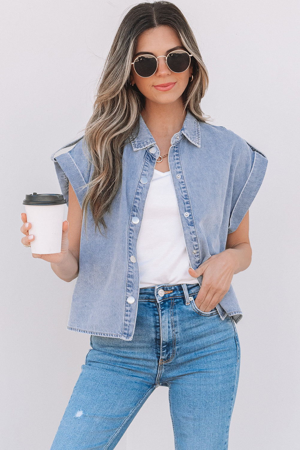 Dusk Blue Denim Pinup Folded Cap Sleeve Shirt-Chaelisa's New Jammies