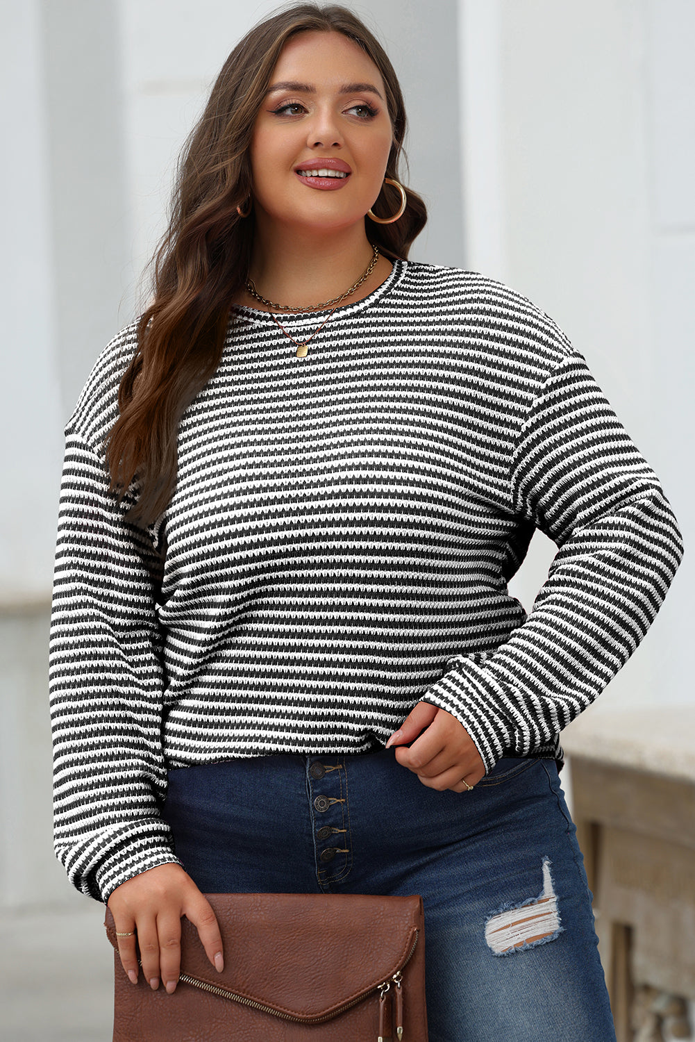 Black Stripe Round Neck Drop Shoulder Long Sleeve Top-Chaelisa's New Jammies