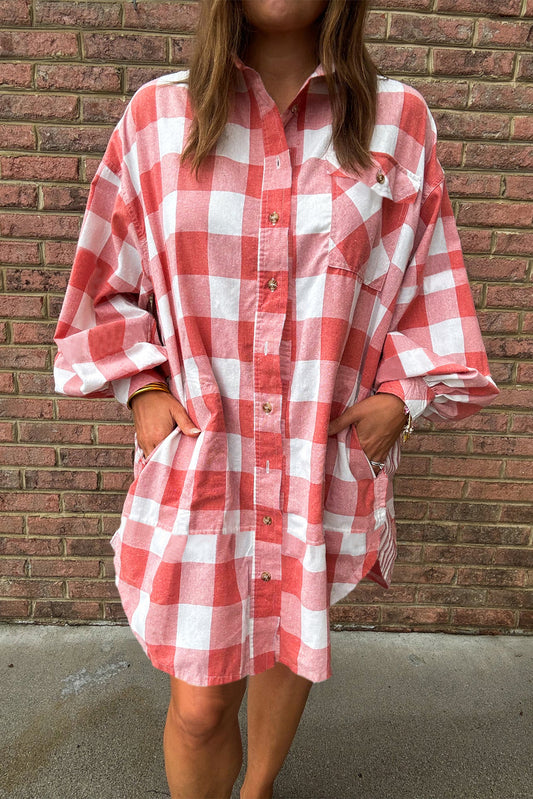 Pink Oversized Plaid Puff Sleeve Round Hem Shirt Dress-Chaelisa's New Jammies
